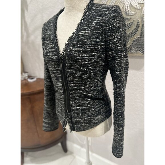 BCBG Paris Womens Black & White Tweed Jacket With Zipper & Fringe Detail Size S - Picture 2 of 6